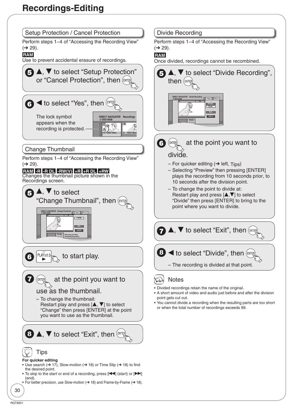 Recordings-editing, E, r to select “change thumbnail”, then, E, r to select “exit”, then | E, r to select “divide recording”, then, At the point you want to divide, W to select “divide”, then, Setup protection / cancel protection, Change thumbnail, Tips, Divide recording | Panasonic DIGA DMR-EZ27 User Manual | Page 30 / 84