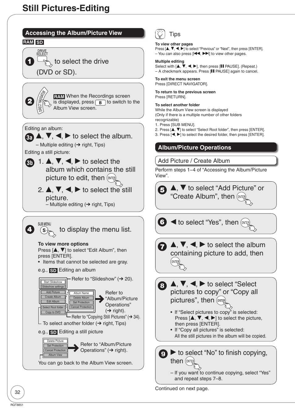 Still pictures-editing, E, r, w, q to select the album, Q to select “no” to fi nish copying, then | Panasonic DIGA DMR-EZ27 User Manual | Page 32 / 84