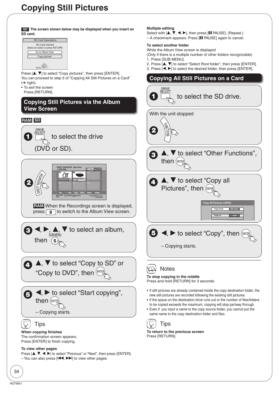 Copying still pictures, W, q to select “copy”, then, Copying still pictures via the album view screen | Tips, Copying all still pictures on a card, Copying starts, With the unit stopped | Panasonic DIGA DMR-EZ27 User Manual | Page 34 / 84