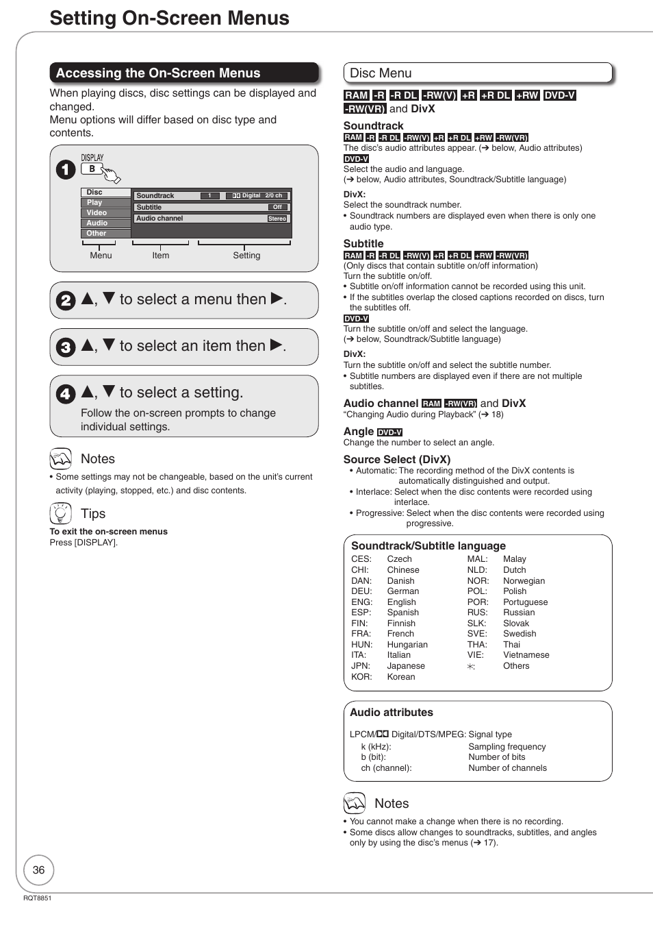 Setting menus, Setting on-screen menus, Accessing the on-screen menus | Tips, Disc menu | Panasonic DIGA DMR-EZ27 User Manual | Page 36 / 84