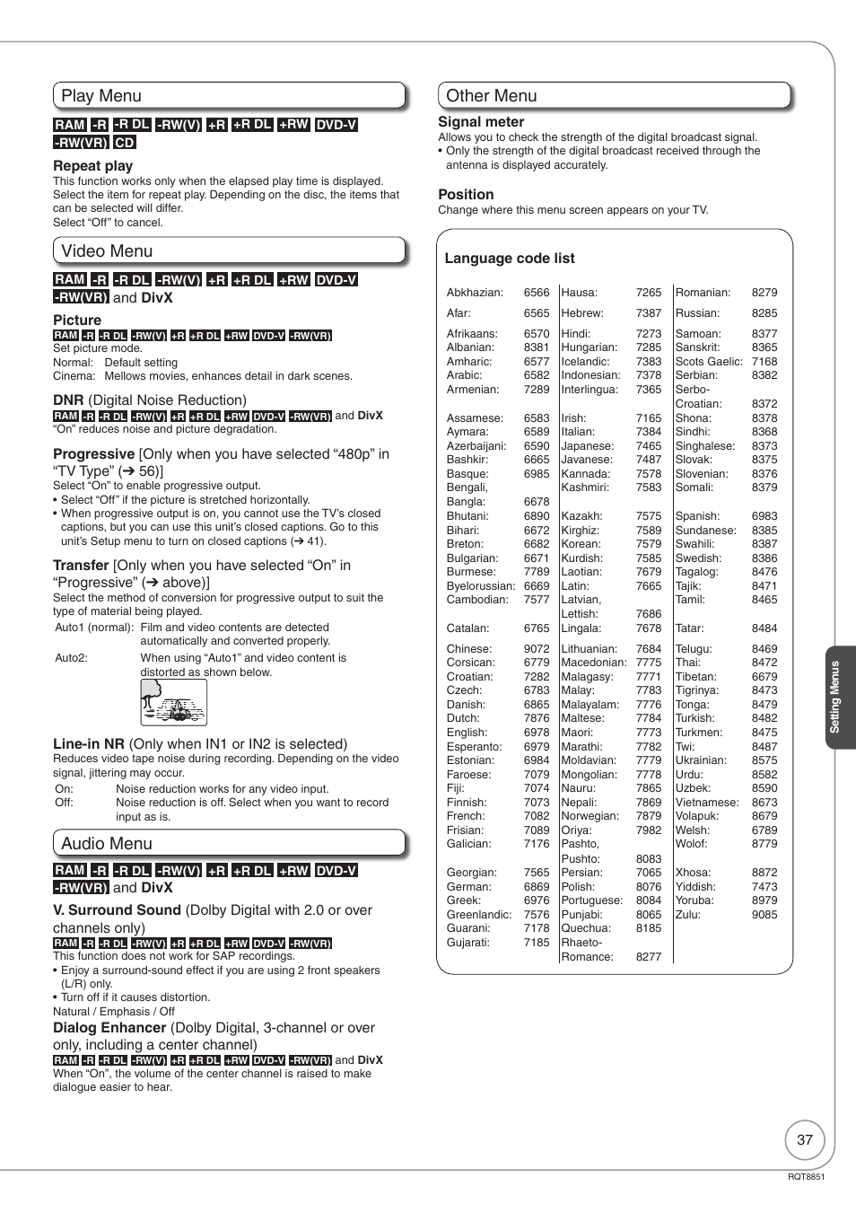 Play menu, Video menu, Audio menu | Other menu | Panasonic DIGA DMR-EZ27 User Manual | Page 37 / 84