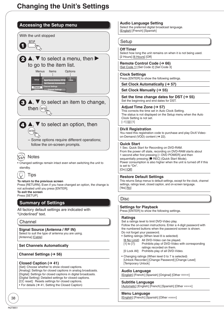 Changing the unit's settings, Changing the unit’s settings, Accessing the setup menu | Tips, Summary of settings, Channel, Setup, Disc | Panasonic DIGA DMR-EZ27 User Manual | Page 38 / 84