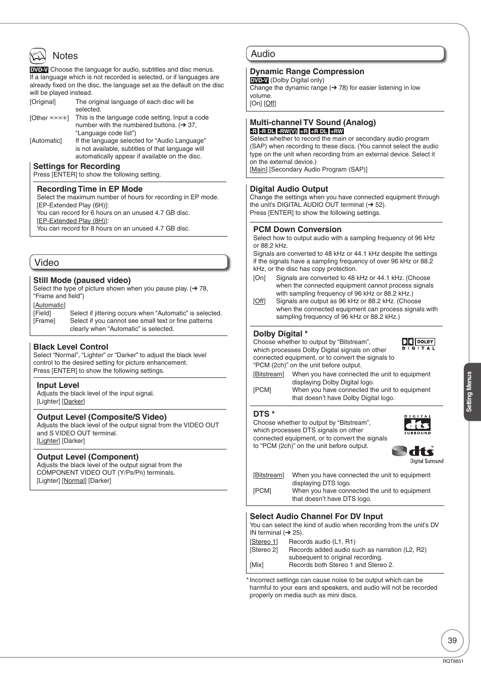 Video, Audio | Panasonic DIGA DMR-EZ27 User Manual | Page 39 / 84