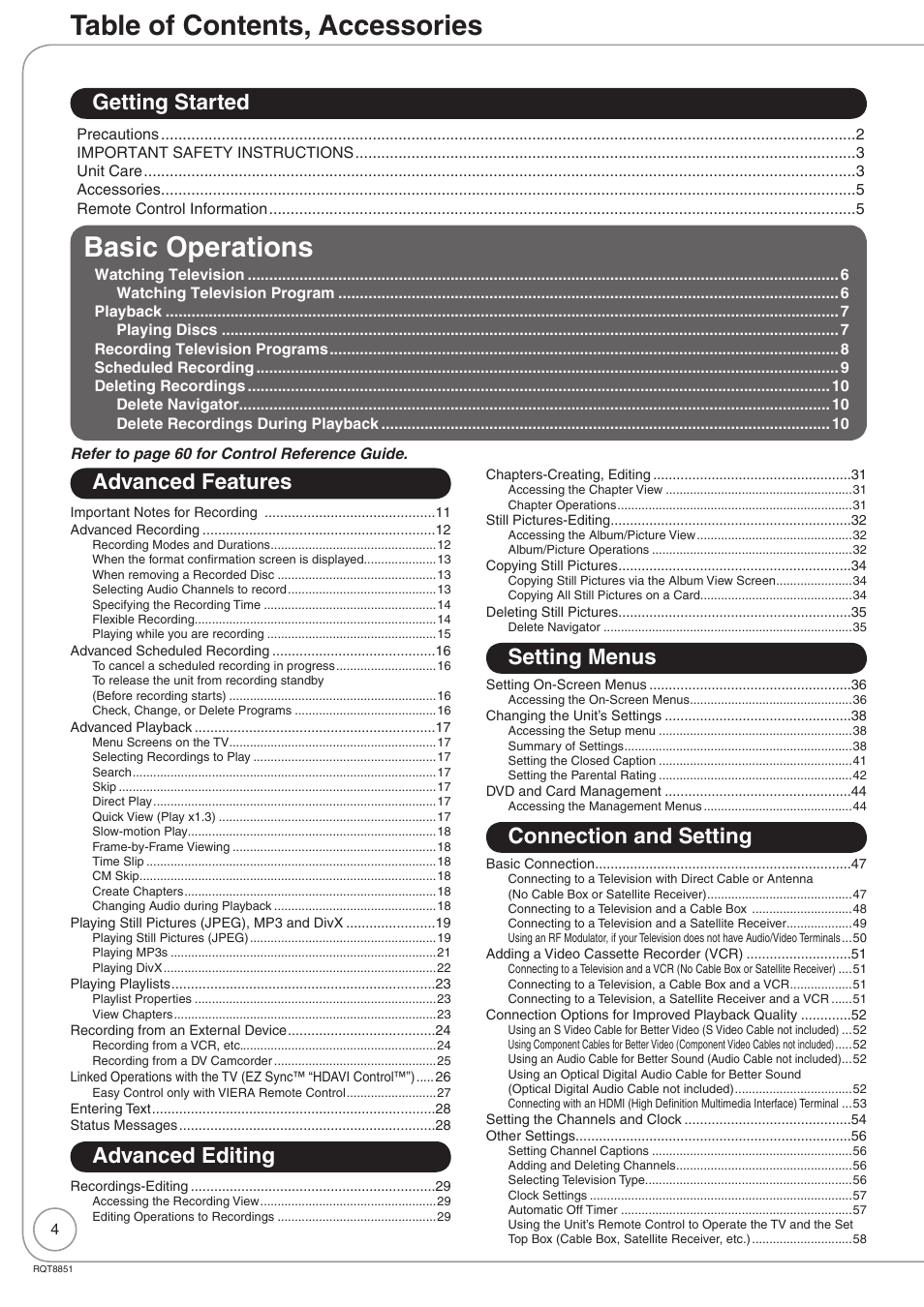 Table of contents, accessories, Basic operations, Getting started | Advanced features, Advanced editing, Setting menus, Connection and setting | Panasonic DIGA DMR-EZ27 User Manual | Page 4 / 84