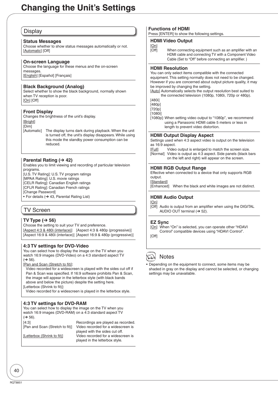 Changing the unit’s settings, Display, Tv screen | Panasonic DIGA DMR-EZ27 User Manual | Page 40 / 84