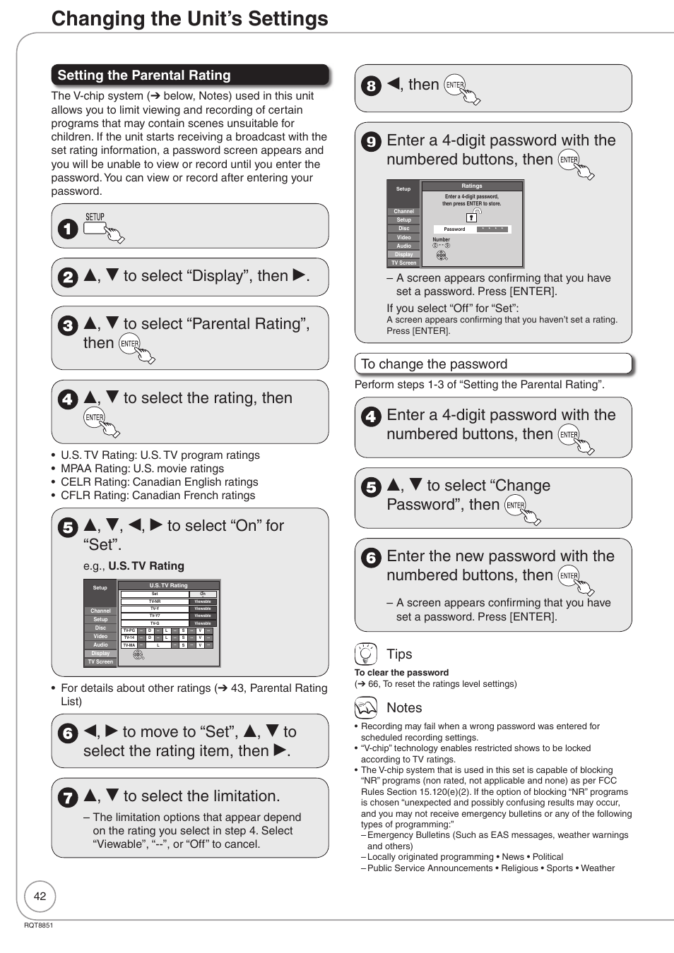 Changing the unit’s settings, E, r, w, q to select “on” for “set, W, then | Setting the parental rating, Tips, E.g., u.s. tv rating, Perform steps 1-3 of “setting the parental rating | Panasonic DIGA DMR-EZ27 User Manual | Page 42 / 84