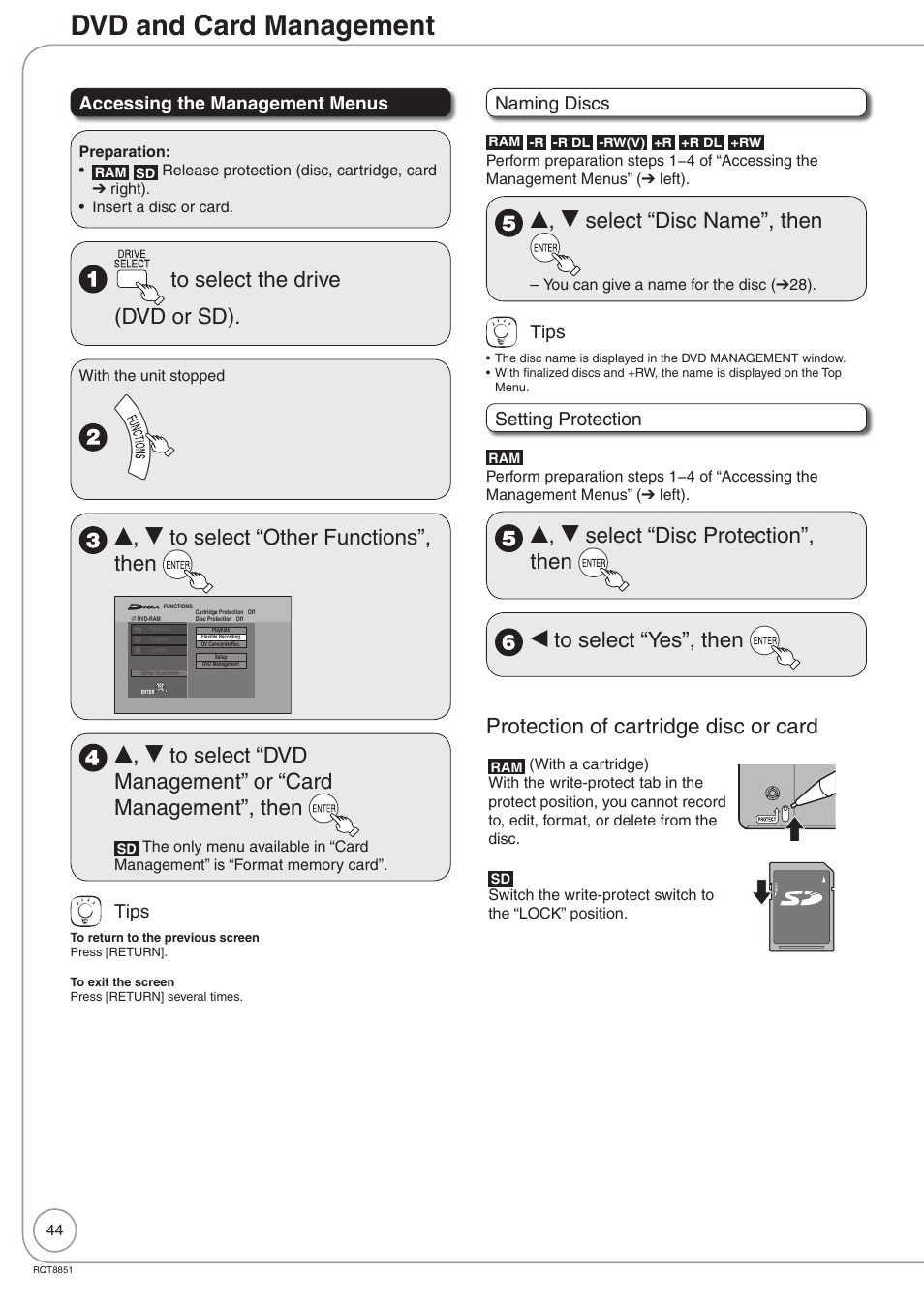 Dvd and card management, E, r to select “other functions”, then, E, r select “disc name”, then | Accessing the management menus, Tips, Naming discs, Setting protection | Panasonic DIGA DMR-EZ27 User Manual | Page 44 / 84