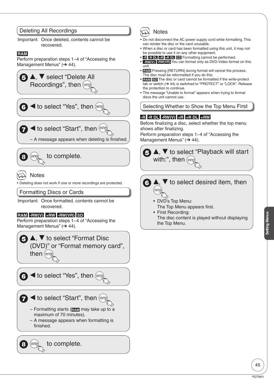 Deleting all recordings, Formatting discs or cards, First | Panasonic DIGA DMR-EZ27 User Manual | Page 45 / 84