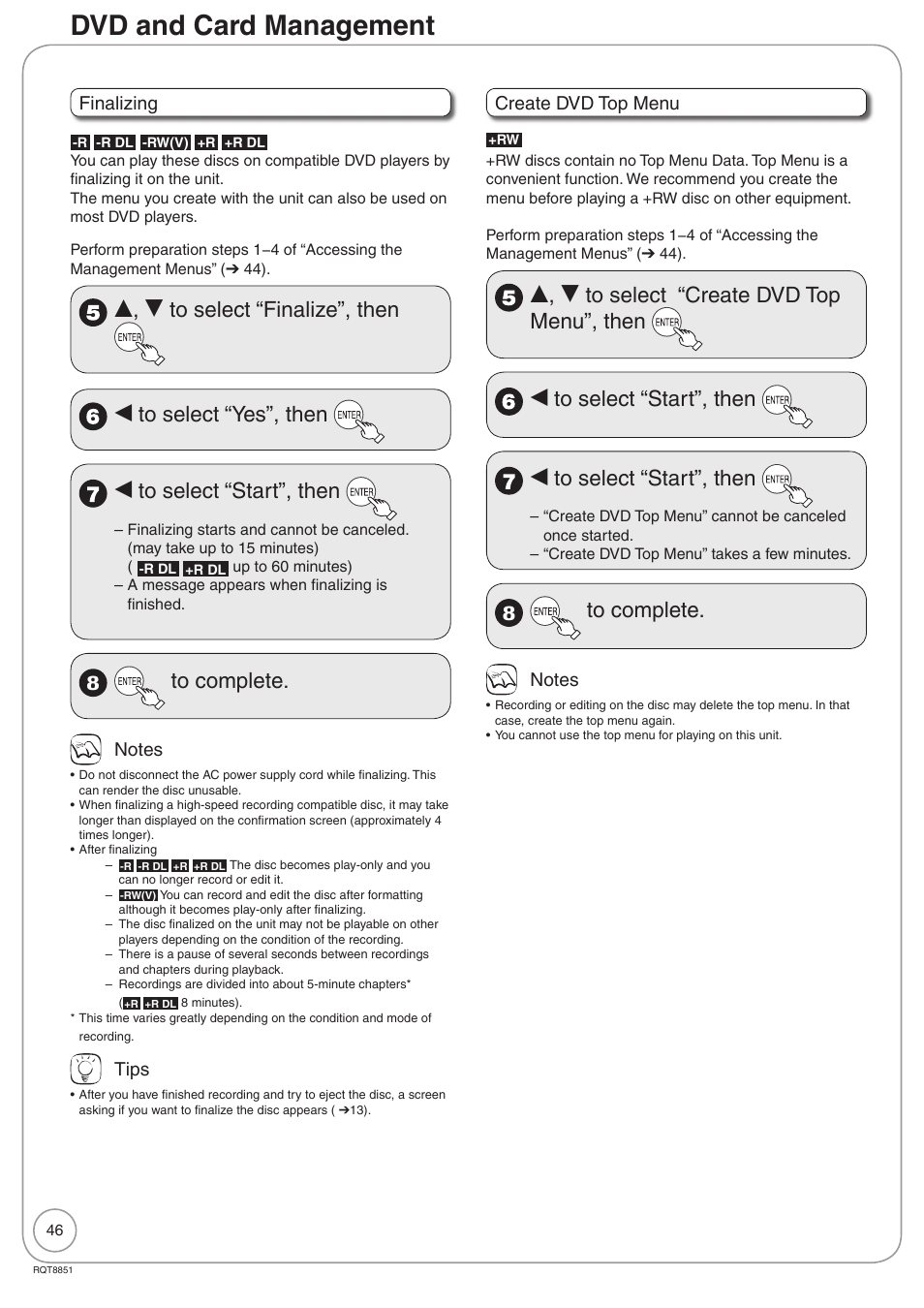 Dvd and card management, Finalizing, Tips | Create dvd top menu | Panasonic DIGA DMR-EZ27 User Manual | Page 46 / 84