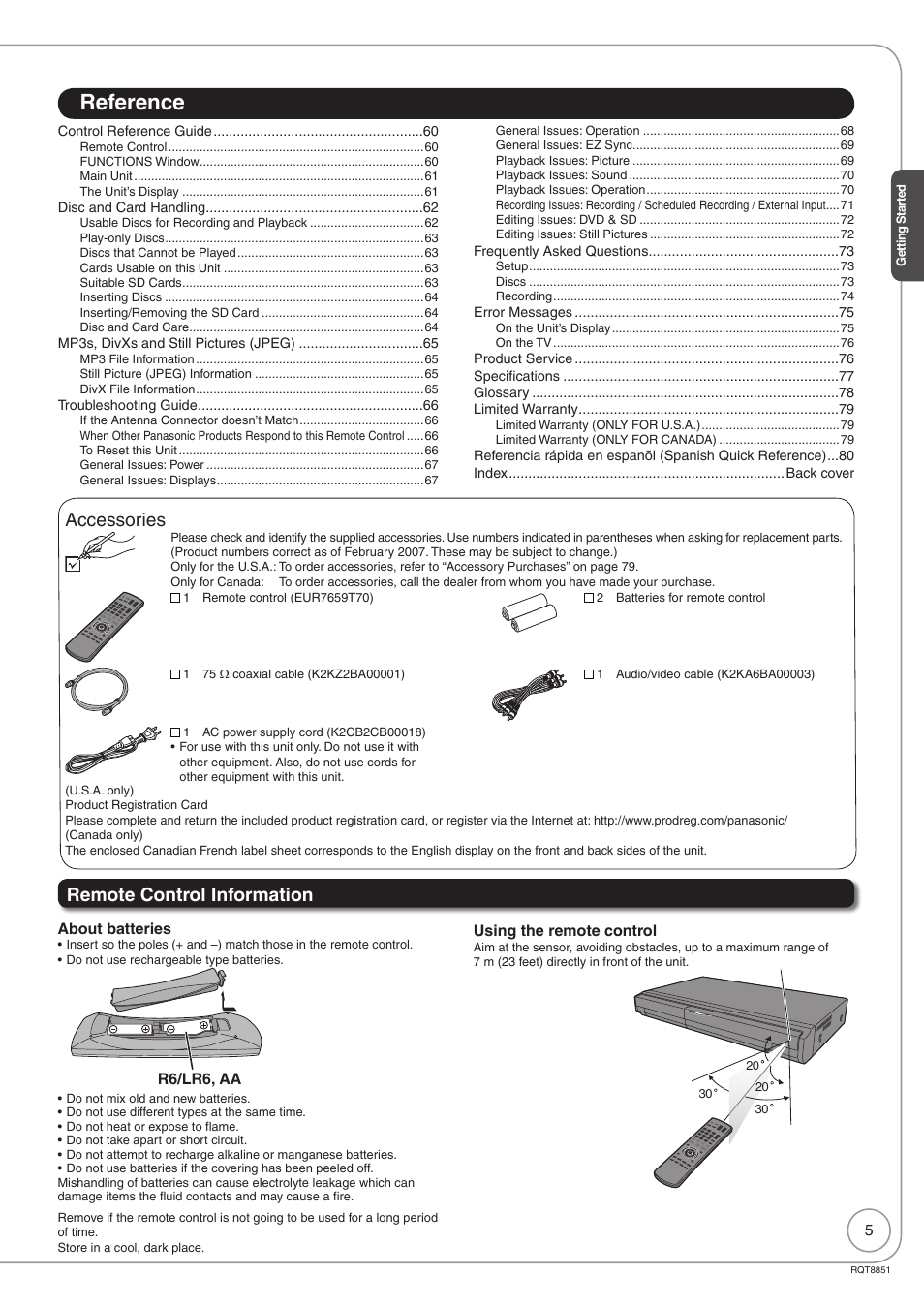 Accessories, Remote control information, Reference | Panasonic DIGA DMR-EZ27 User Manual | Page 5 / 84