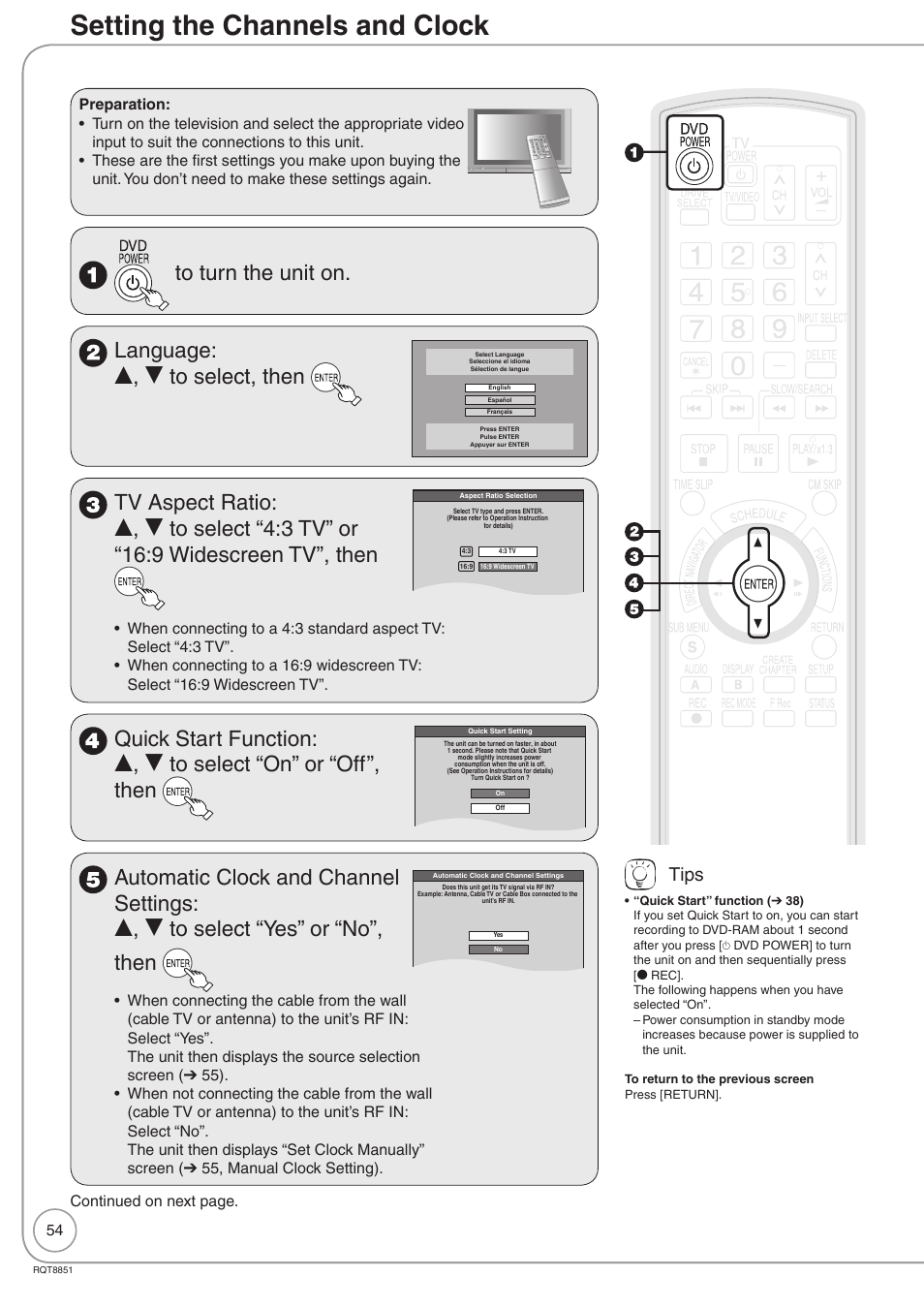 Setting the channels and clock, Tips, Continued on next page | Panasonic DIGA DMR-EZ27 User Manual | Page 54 / 84