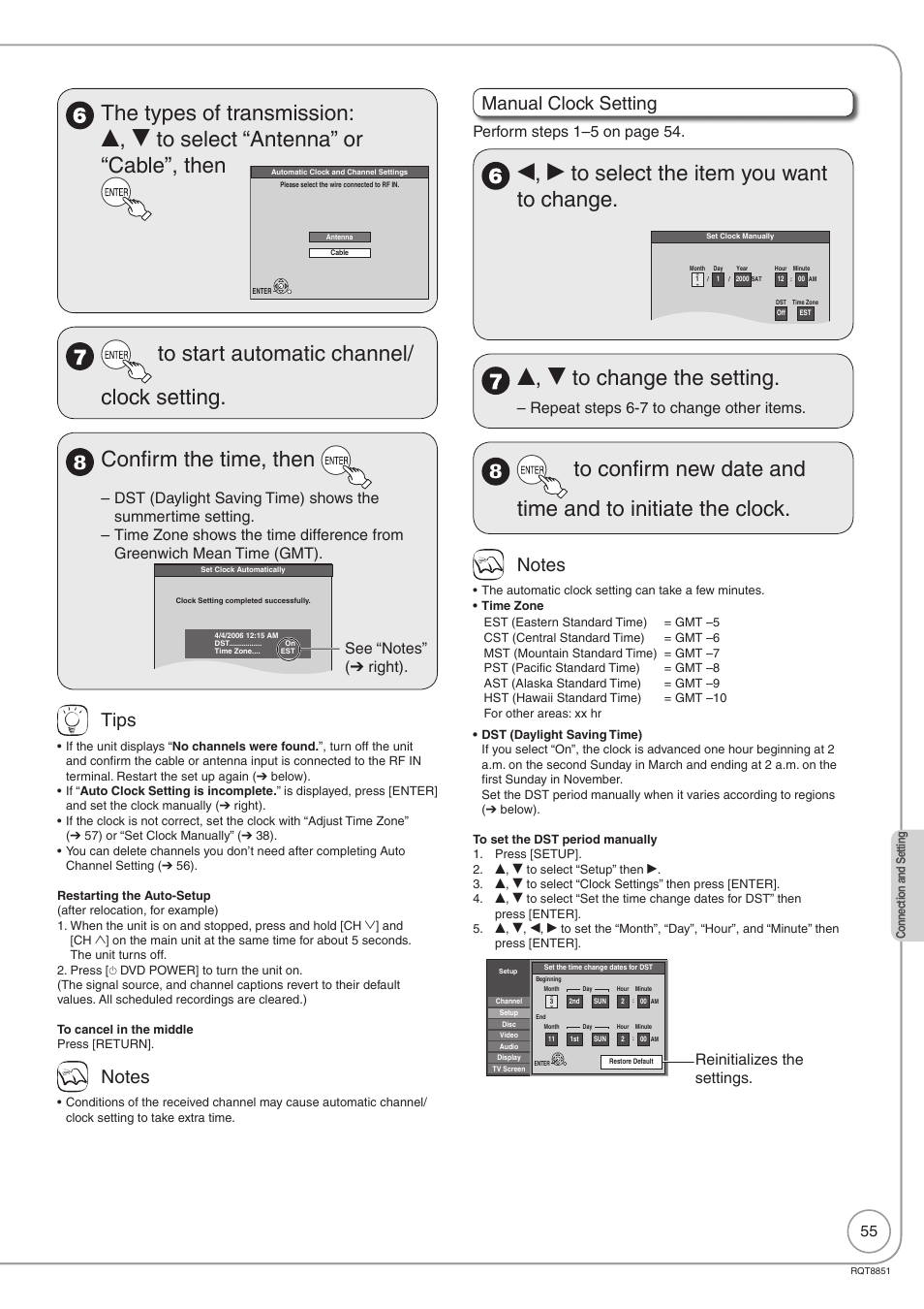 Confirm the time, then, W, q to select the item you want to change, E, r to change the setting | Tips, Manual clock setting, Perform steps 1–5 on page 54, Repeat steps 6-7 to change other items, Reinitializes the settings | Panasonic DIGA DMR-EZ27 User Manual | Page 55 / 84