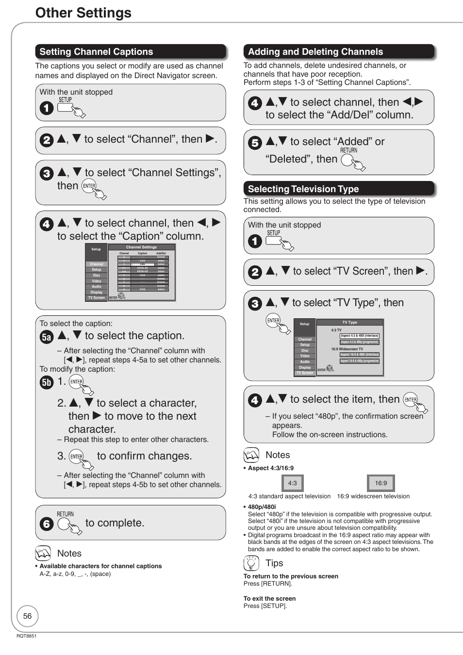 Other settings, E, r to select the caption, E,r to select the item, then | Setting channel captions, Adding and deleting channels, Selecting television type, Tips, Repeat this step to enter other characters | Panasonic DIGA DMR-EZ27 User Manual | Page 56 / 84