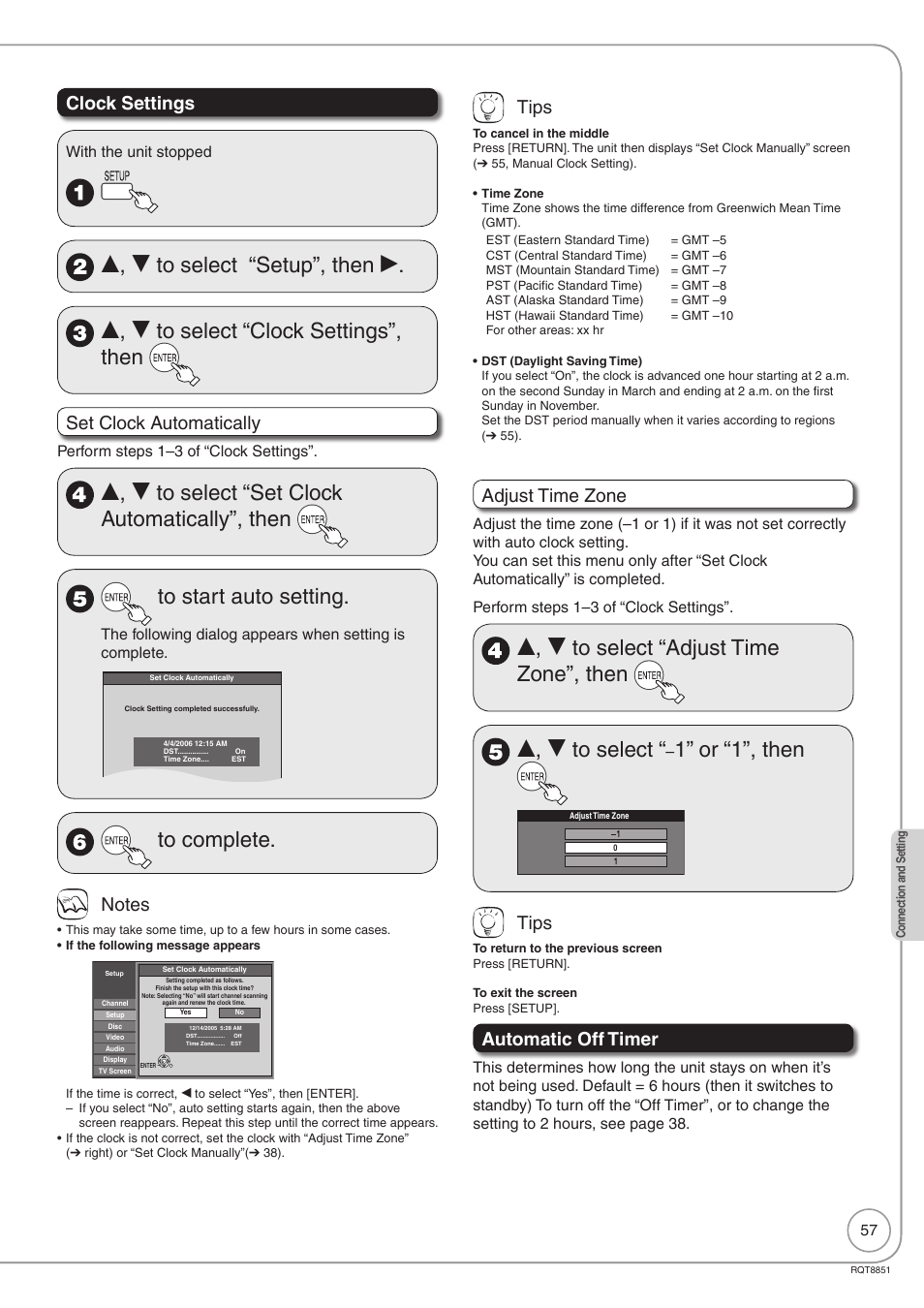 1” or “1”, then, Clock settings, Set clock automatically | Tips, Adjust time zone, Automatic off timer | Panasonic DIGA DMR-EZ27 User Manual | Page 57 / 84