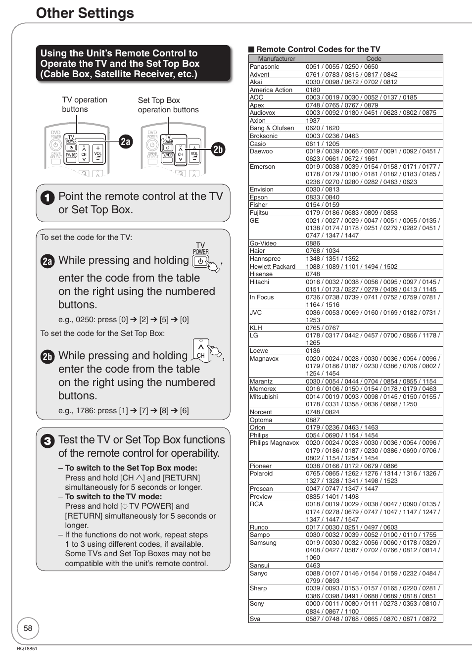 Other settings, Point the remote control at the tv or set top box, 2a 2b | Panasonic DIGA DMR-EZ27 User Manual | Page 58 / 84