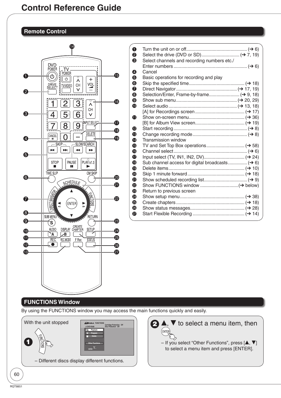 Reference, Control reference guide, E, r to select a menu item, then | Panasonic DIGA DMR-EZ27 User Manual | Page 60 / 84