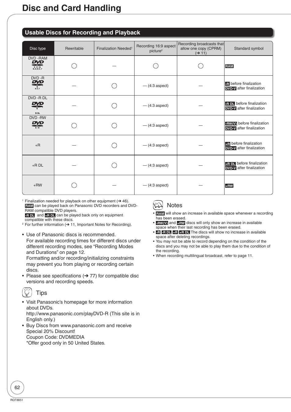 Disc and card handling, Usable discs for recording and playback, Tips | Panasonic DIGA DMR-EZ27 User Manual | Page 62 / 84