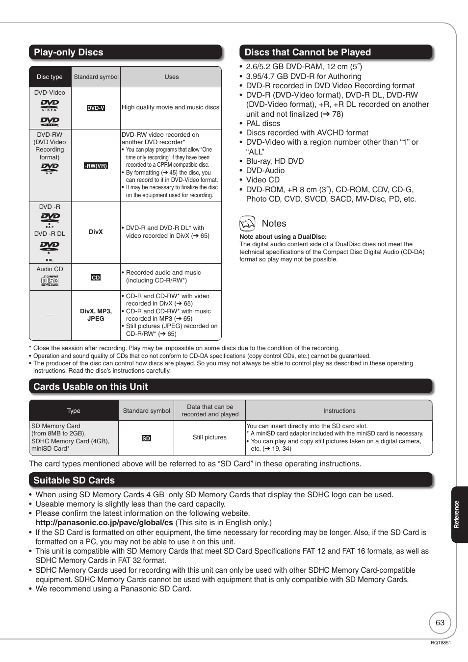 Play-only discs, Discs that cannot be played, Cards usable on this unit | Suitable sd cards | Panasonic DIGA DMR-EZ27 User Manual | Page 63 / 84