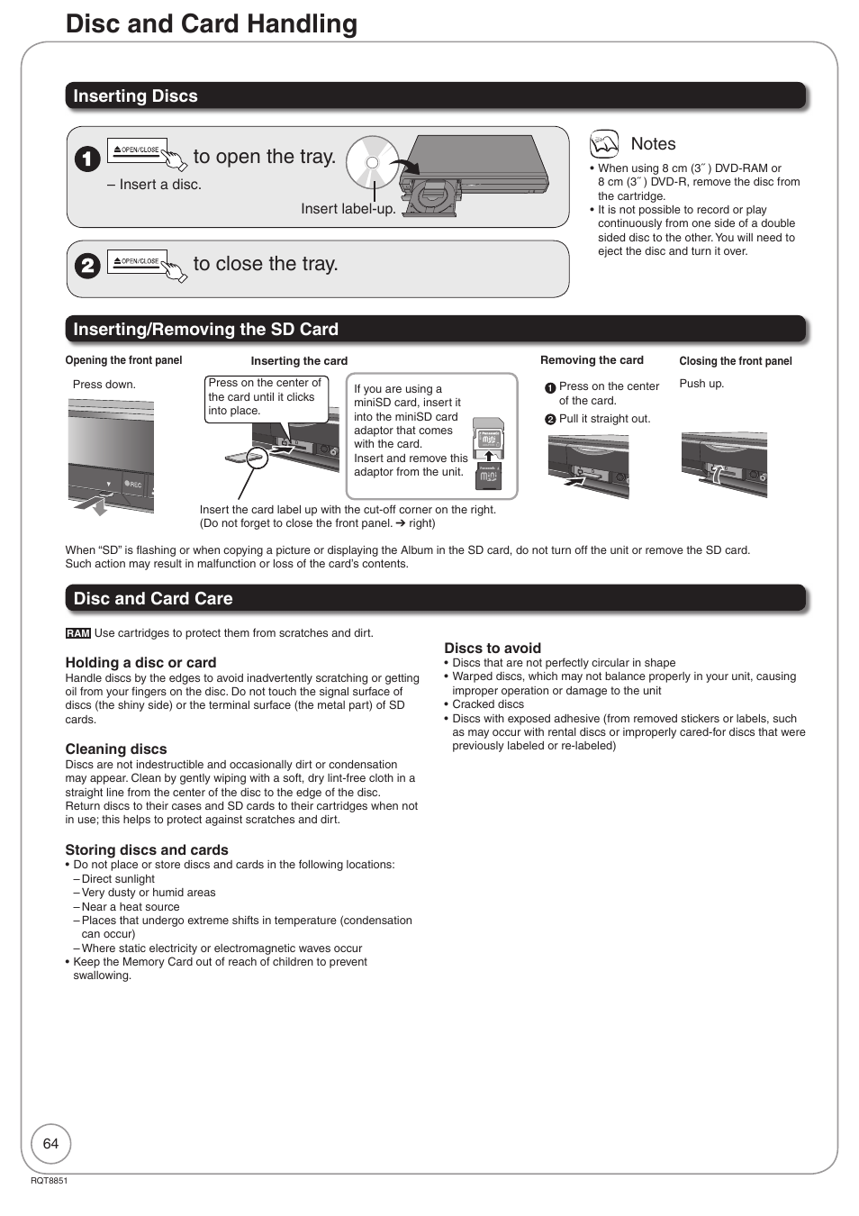 Disc and card handling, Inserting discs, Inserting/removing the sd card | Disc and card care | Panasonic DIGA DMR-EZ27 User Manual | Page 64 / 84