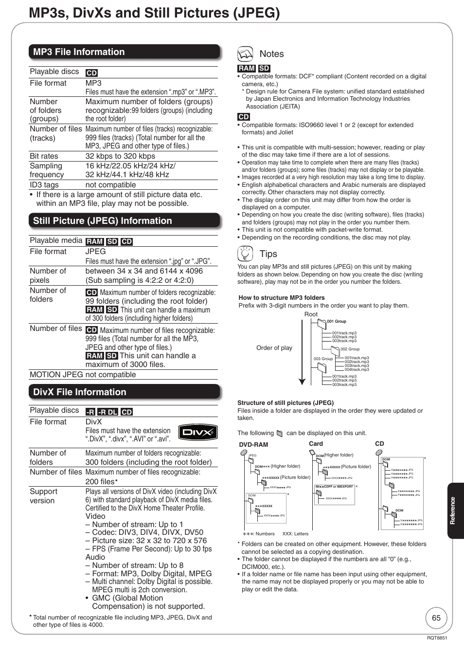 Mp3s, disc and still pictures (jpeg), Mp3s, divxs and still pictures (jpeg), Mp3 file information | Still picture (jpeg) information, Divx file information, Tips | Panasonic DIGA DMR-EZ27 User Manual | Page 65 / 84
