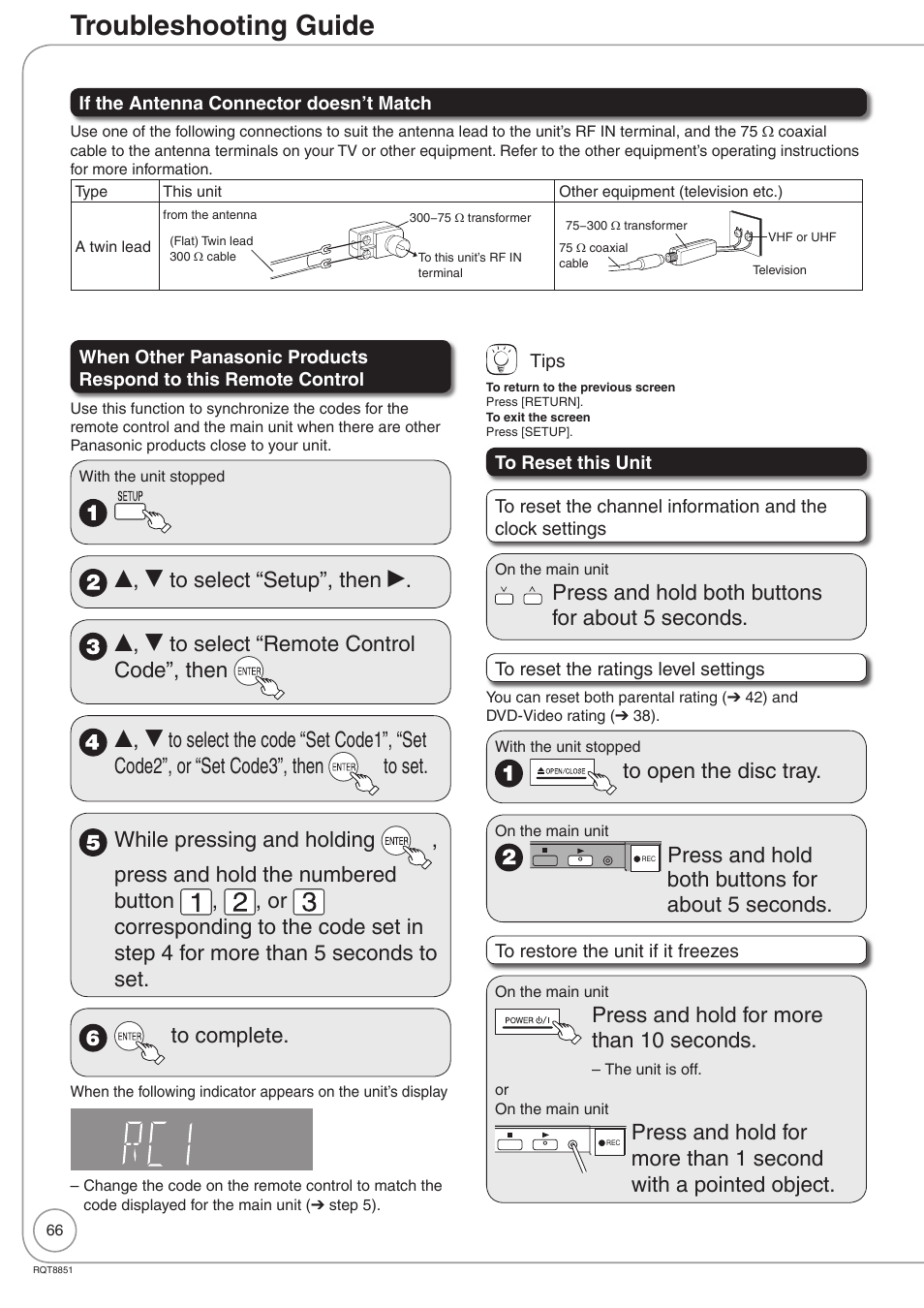 Troubleshooting guide, Press and hold both buttons for about 5 seconds, Press and hold for more than 10 seconds | Panasonic DIGA DMR-EZ27 User Manual | Page 66 / 84