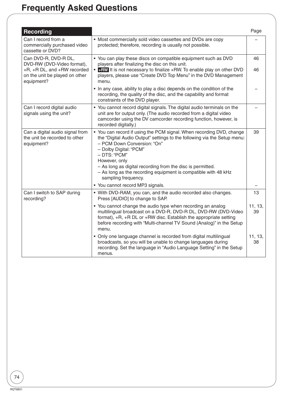 Frequently asked questions | Panasonic DIGA DMR-EZ27 User Manual | Page 74 / 84