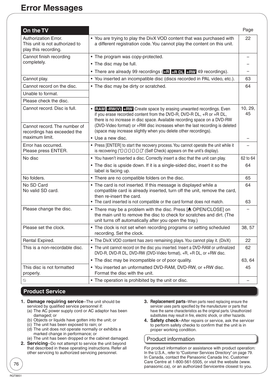 Product service, Error messages | Panasonic DIGA DMR-EZ27 User Manual | Page 76 / 84