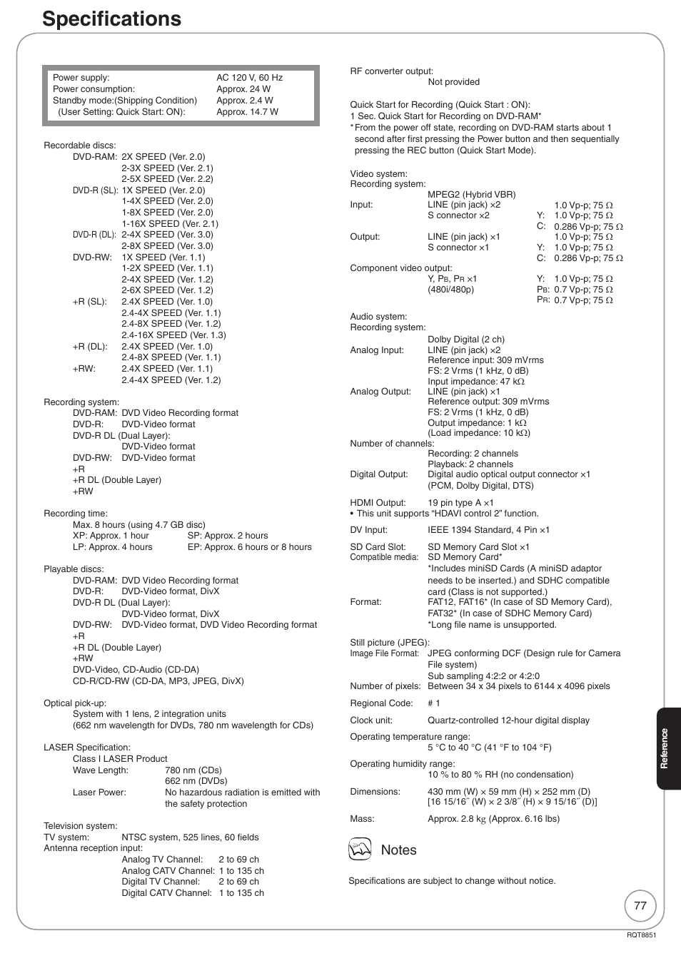 Specifications | Panasonic DIGA DMR-EZ27 User Manual | Page 77 / 84