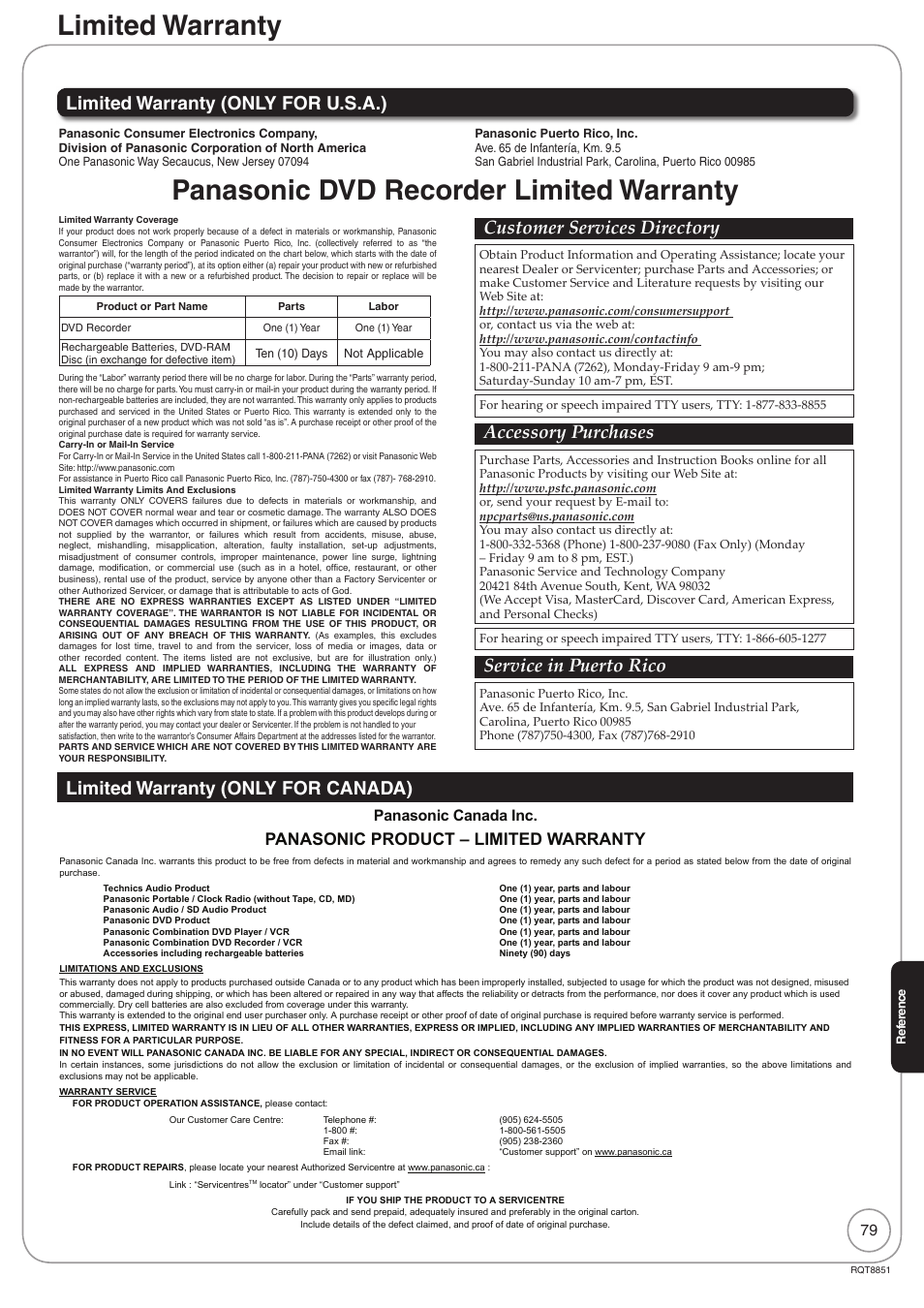 Limited warranty, Panasonic dvd recorder limited warranty, Customer services directory | Accessory purchases, Service in puerto rico, Panasonic product – limited warranty, Panasonic canada inc | Panasonic DIGA DMR-EZ27 User Manual | Page 79 / 84