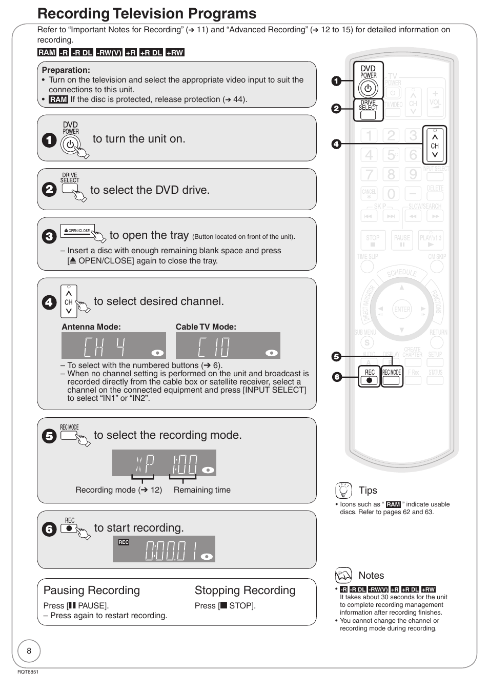 Recording television programs, Pausing recording, Stopping recording | Panasonic DIGA DMR-EZ27 User Manual | Page 8 / 84