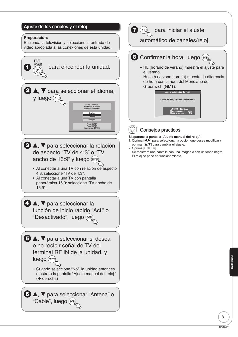 Confirmar la hora, luego, Ajuste de los canales y el reloj, Consejos prácticos | Panasonic DIGA DMR-EZ27 User Manual | Page 81 / 84