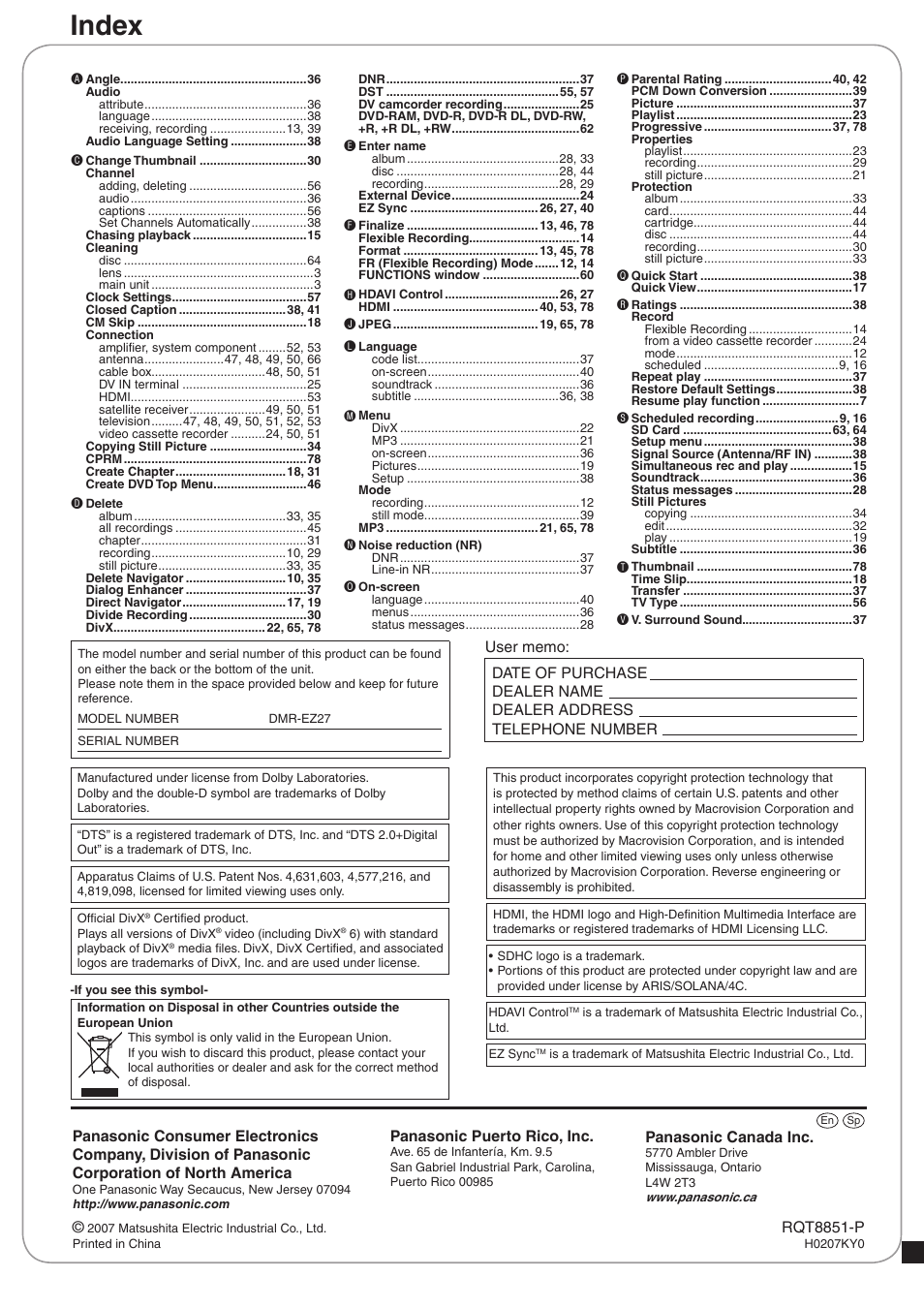 Index, Panasonic puerto rico, inc, Panasonic canada inc | Rqt8851-p | Panasonic DIGA DMR-EZ27 User Manual | Page 84 / 84