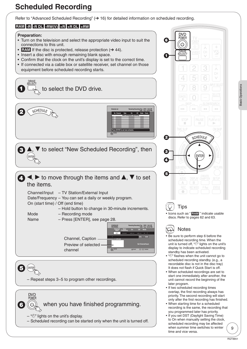 Scheduled recording, When you have finished programming, Tips | Repeat steps 3−5 to program other recordings | Panasonic DIGA DMR-EZ27 User Manual | Page 9 / 84