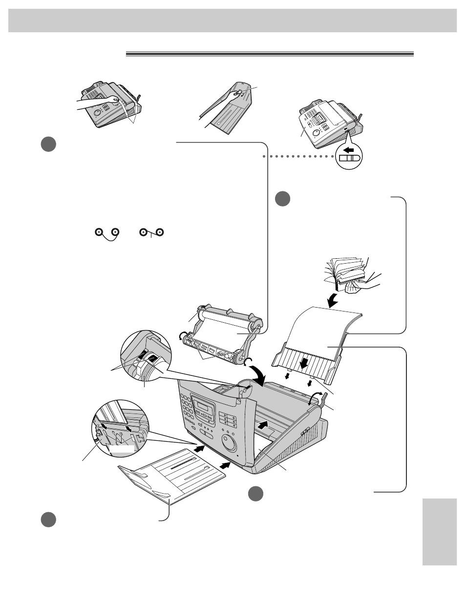 Comienzo rápido en español, Instalación, Cartucho de película | Papel de impresión, Apilador de papel bandeja de papel | Panasonic KX-FP270 User Manual | Page 129 / 144