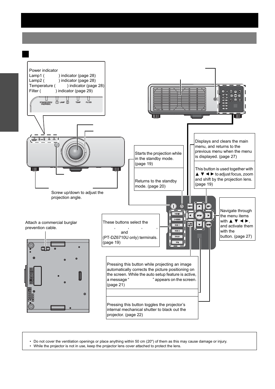 About your projector, Projector body, Nglish - 12 | Top, front and bottom view, Preparation | Panasonic PT-D5000U User Manual | Page 12 / 52