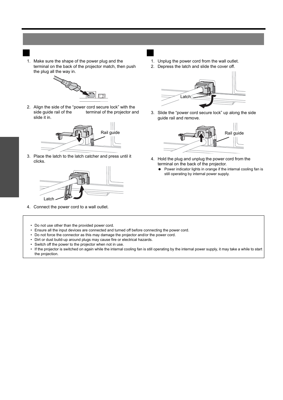 Power cord, Nglish - 18, Setting up | Connecting, Disconnecting, Getting started | Panasonic PT-D5000U User Manual | Page 18 / 52