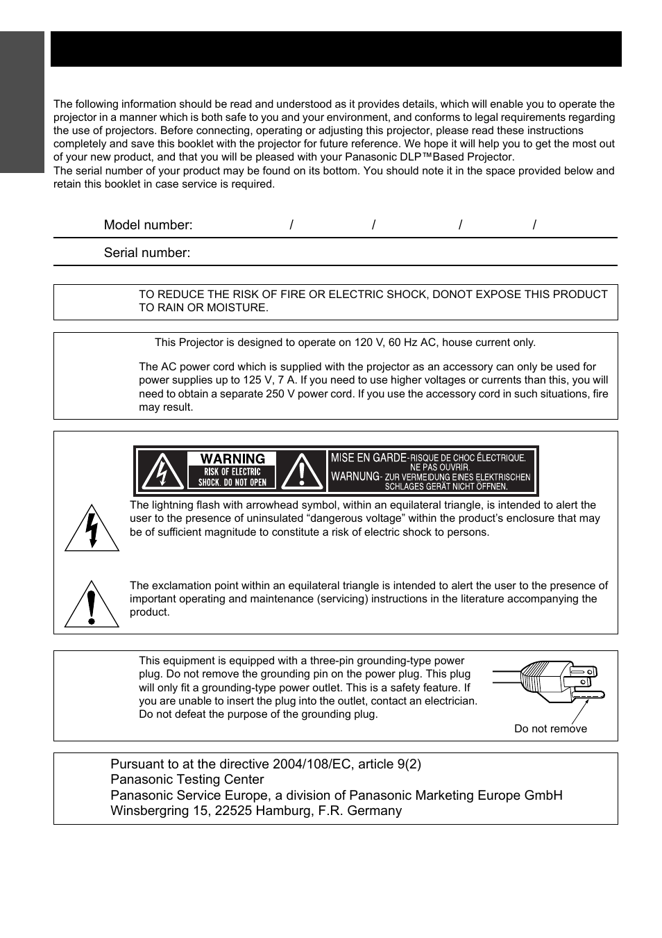 Important safety notice, Dear panasonic customer, Nglish - 2 | Panasonic PT-D5000U User Manual | Page 2 / 52