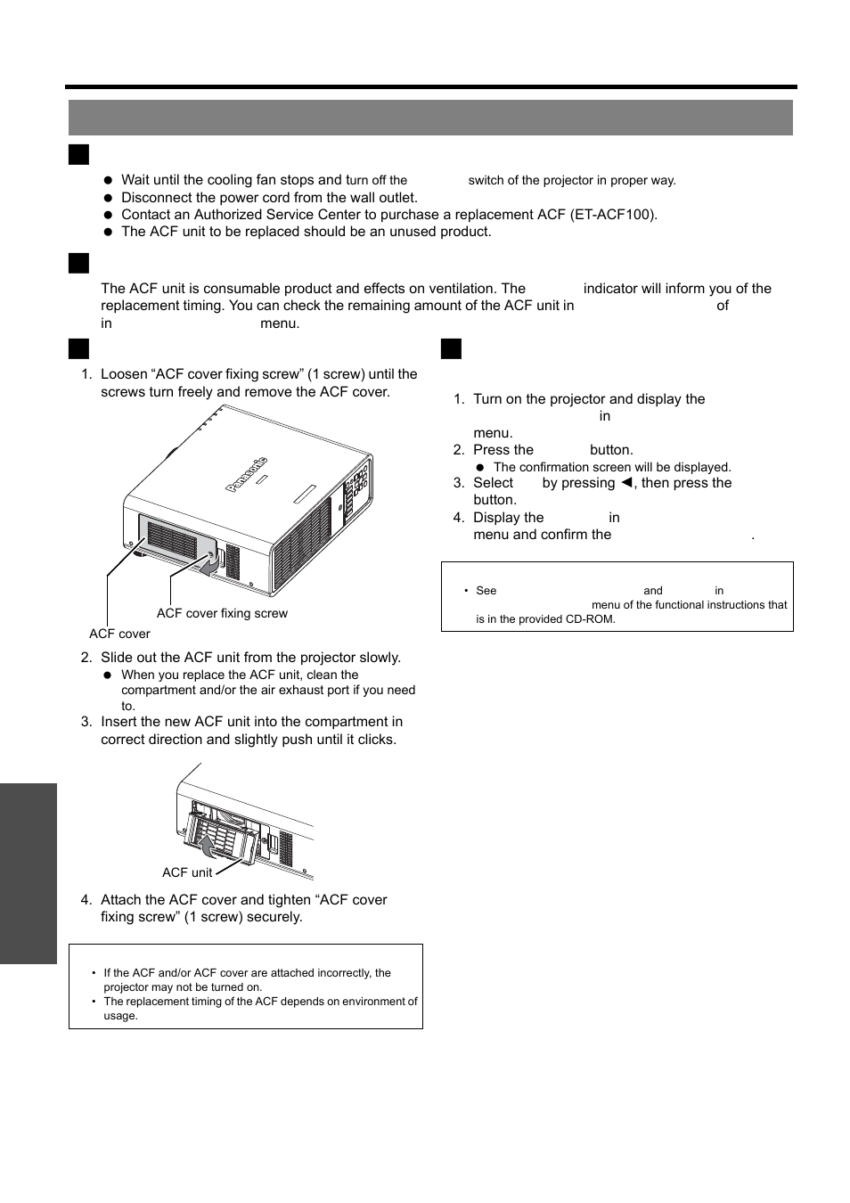 Replacing the auto cleaning filter (acf), Nglish - 32, Replacement | Before replacing the acf, When to replace the acf, Replacement procedure, Resetting the remaining filter, Maintenance | Panasonic PT-D5000U User Manual | Page 32 / 52