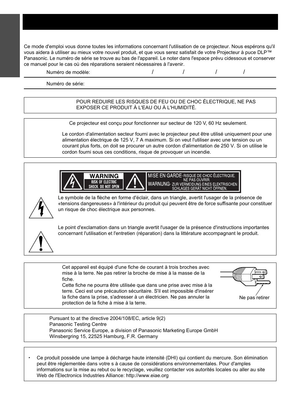 Avis important concernant la sécurité, Cher client panasonic, Rançais - 42 | Panasonic PT-D5000U User Manual | Page 42 / 52