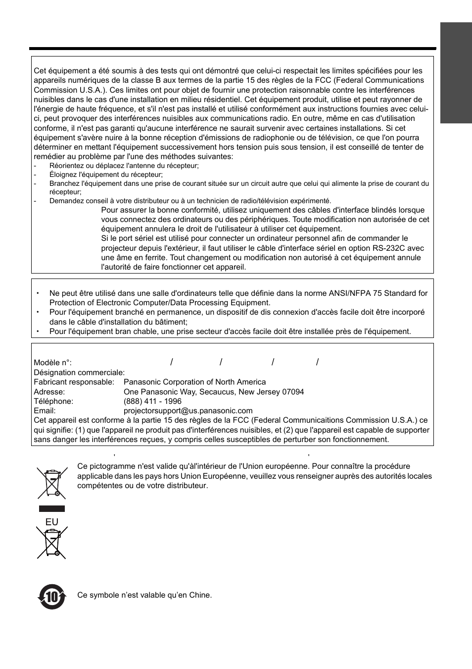 Rançais - 43, Avis important concernant la sécurité, Information importante | Panasonic PT-D5000U User Manual | Page 43 / 52