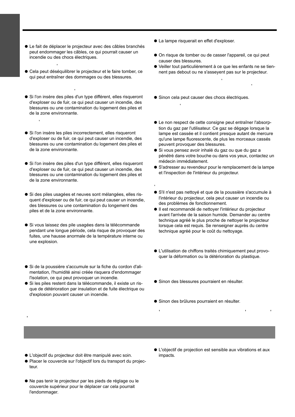 Précautions lors du transport, Rançais - 46, Précautions de sécurité | Information importante | Panasonic PT-D5000U User Manual | Page 46 / 52