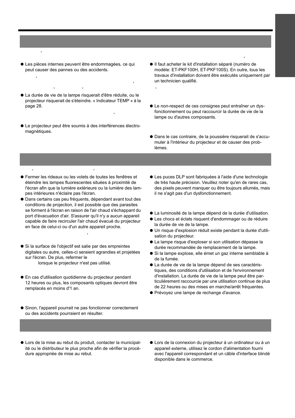 Précautions lors de l'installation, Précautions lors de l'utilisation, Autres | Rançais - 47, Précautions de sécurité, Information importante | Panasonic PT-D5000U User Manual | Page 47 / 52