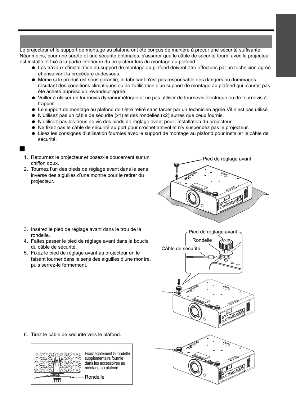 Dispositifs de protection du support de montage au, Plafond, Rançais - 51 | Remplacement, Procédure de fixation, Information importante | Panasonic PT-D5000U User Manual | Page 51 / 52
