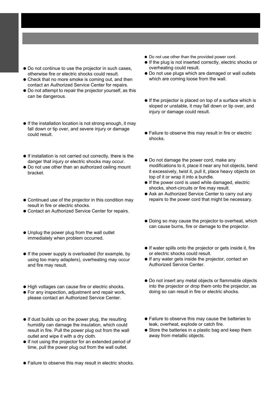Precautions with regard to safety, Warnings, Nglish - 6 | Important information | Panasonic PT-D5000U User Manual | Page 6 / 52