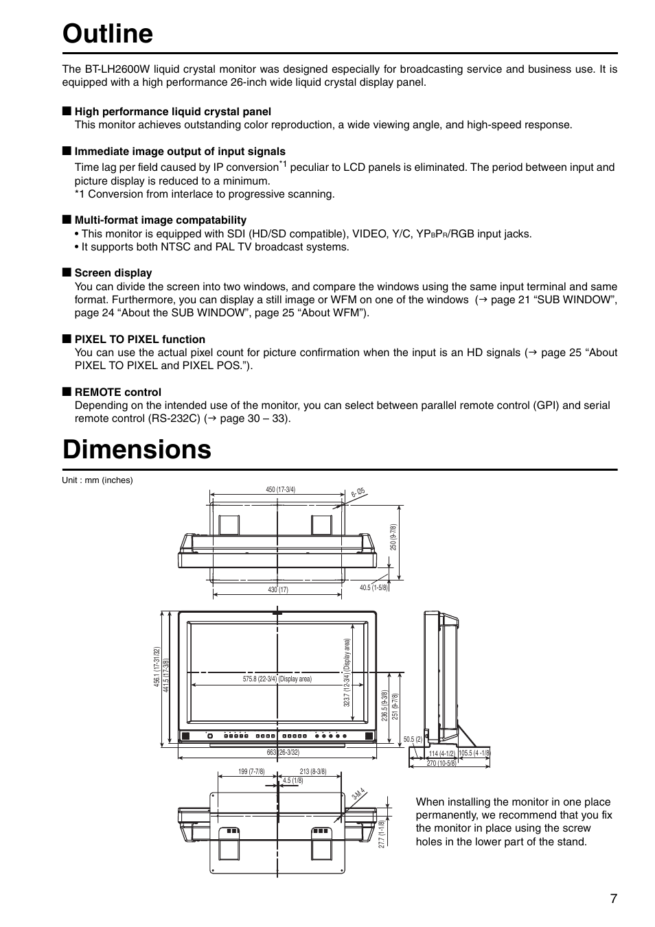 Outline, Dimensions | Panasonic BT-LH2600WE User Manual | Page 7 / 38