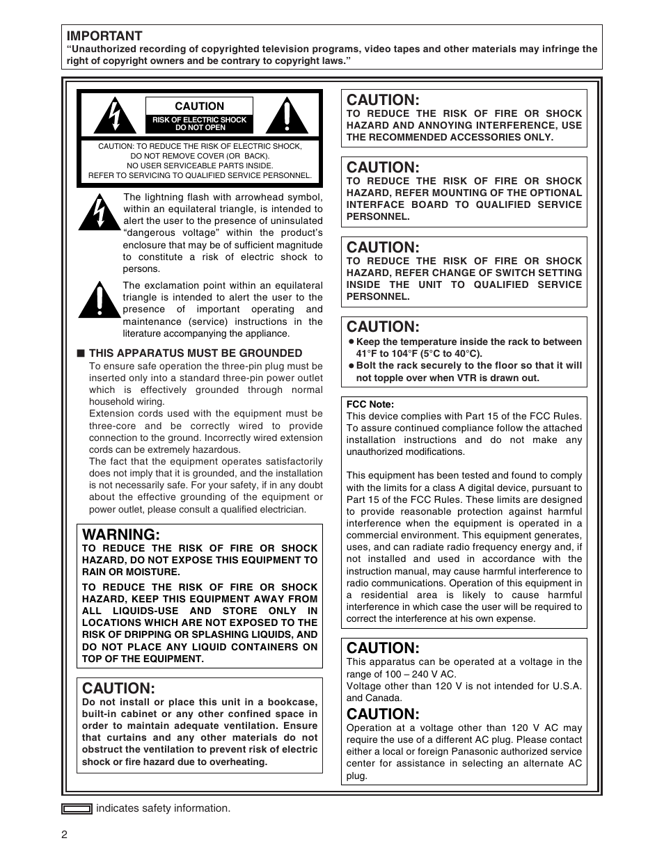 Caution, Warning | Panasonic AJ-SD955A User Manual | Page 2 / 80