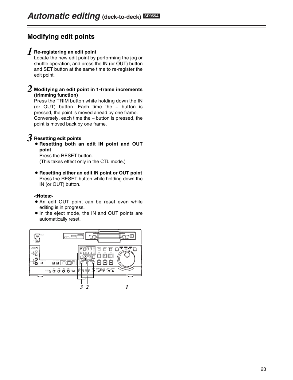 Automatic editing, Modifying edit points, Deck-to-deck) | Sd955a | Panasonic AJ-SD955A User Manual | Page 23 / 80