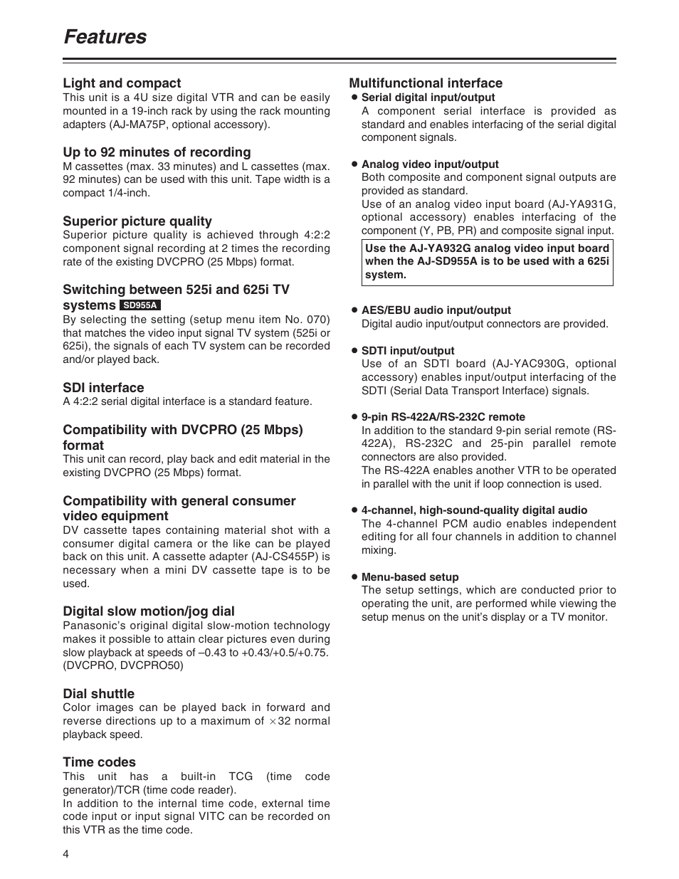 Features | Panasonic AJ-SD955A User Manual | Page 4 / 80