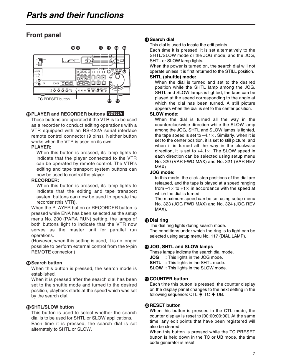 Parts and their functions, Front panel, Search dial | Shtl (shuttle) mode, Slow mode, Jog mode, A dial ring, B jog, shtl and slow lamps, C counter button, D reset button | Panasonic AJ-SD955A User Manual | Page 7 / 80