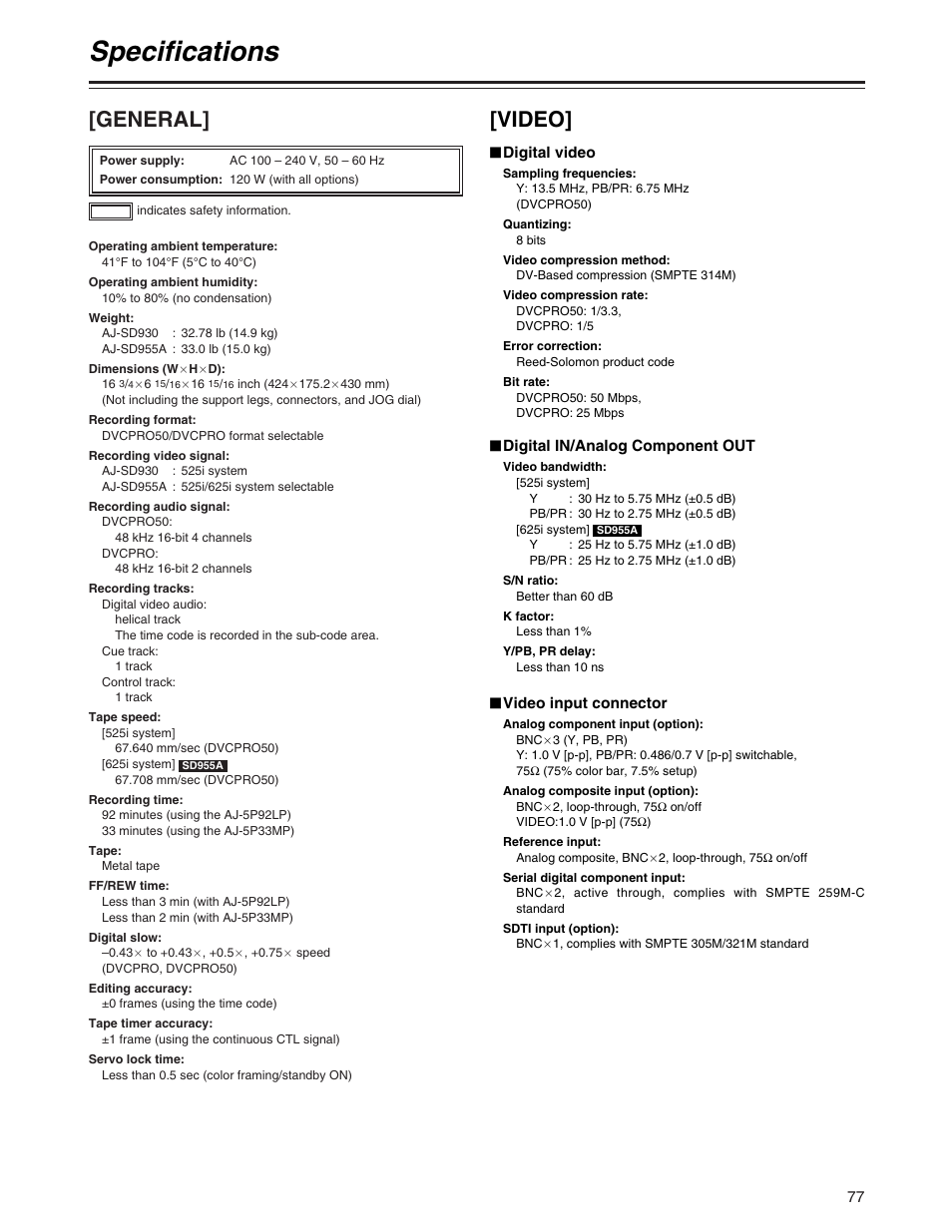 Specifications, General, Video | Panasonic AJ-SD955A User Manual | Page 77 / 80